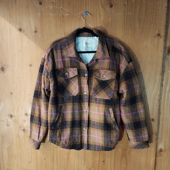 Aeropostle Brown & Pink Cotton Plaid Flannel Patterned Lined Button Up Shacket - Picture 1 of 12